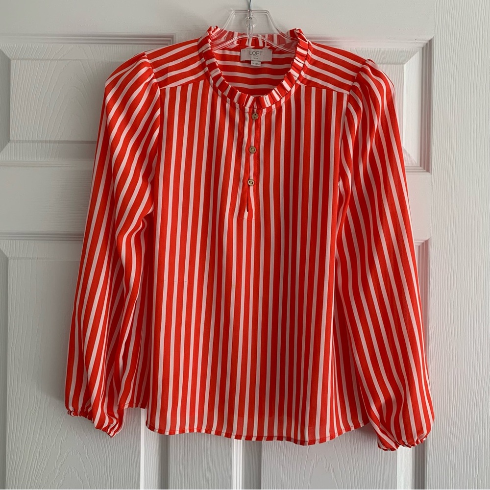 LOFT Coral-Red & White‎ Striped Ruffle-Neck Blouse Small Petite Office Career
